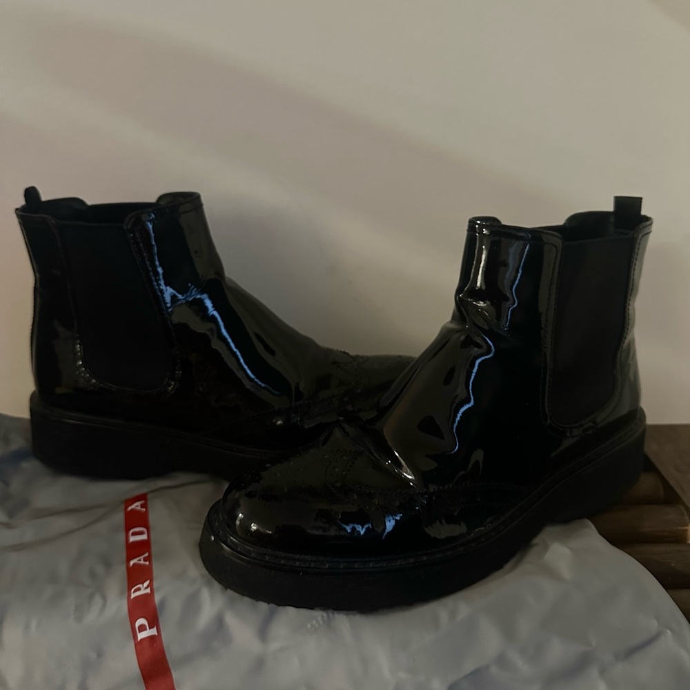 Prada Women's Glossy Black Patent Leather Ankle Boots